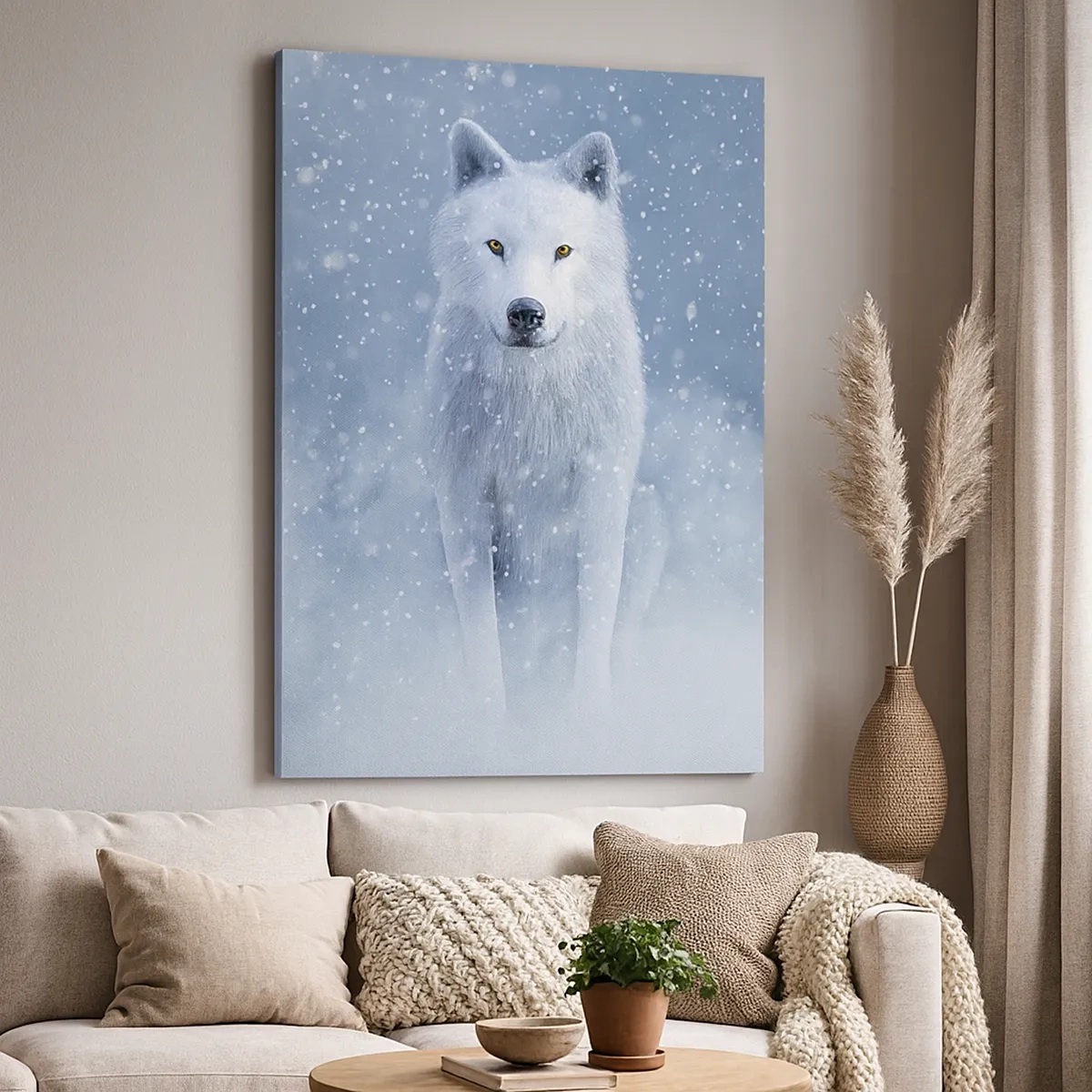 Bild auf Leinwand - Leinwandbild - Weißer Wolf in einer verschneiten Landschaft - 50x70cm - In Winterstimmung - Moderne Wanddekoration für Wohnzimmer und Schlafzimmer ARTTOR