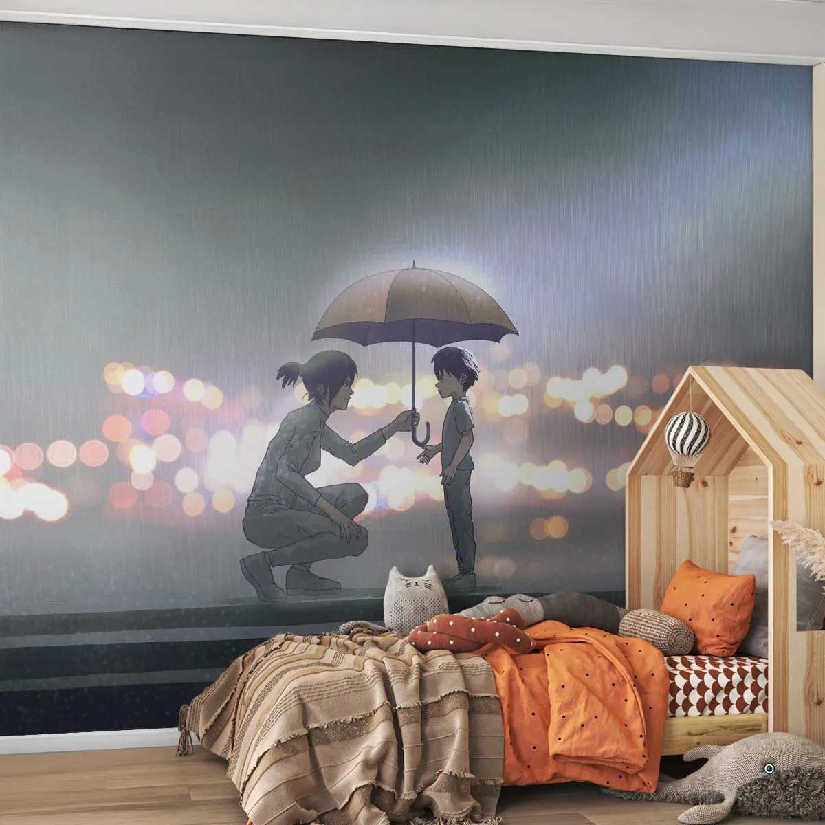 Fototapete Premium Canvas - Und jetzt ist alles in Ordnung - Für Kinder, Familie, Regenschirm - 400x280 cm