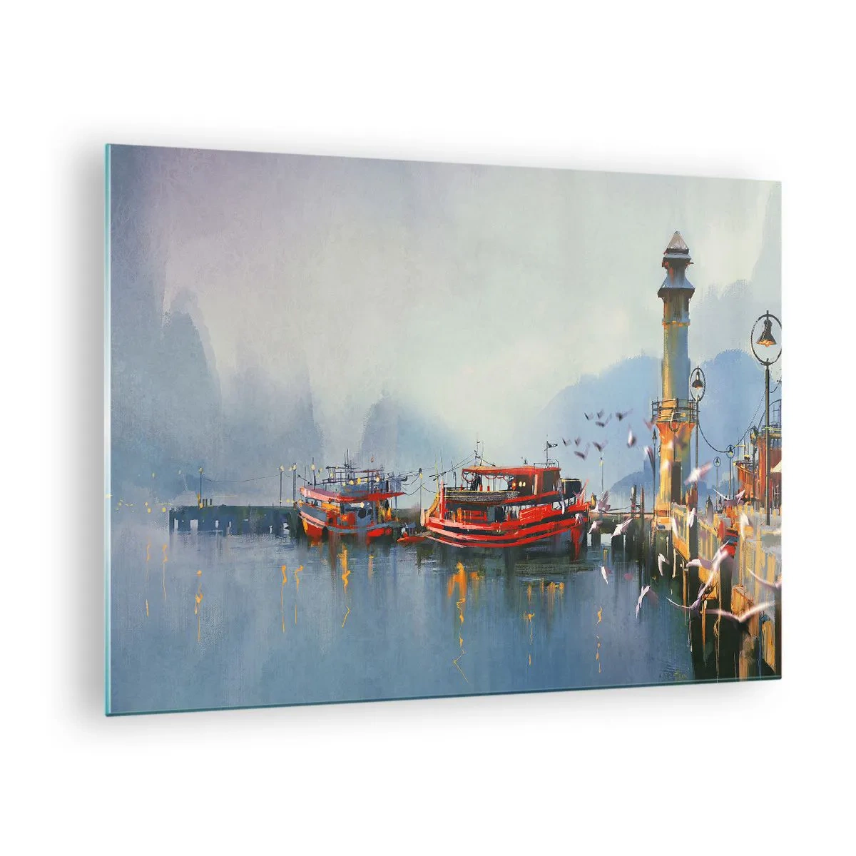 Glasbild - Bild auf glas - Ein Hafen mit roten Booten, einem Leuchtturm und Vögeln vor der Kulisse der Berge - 70x50cm - Am Ende der Welt - Moderne Wanddekoration für Wohnzimmer und Schlafzimmer ARTTOR