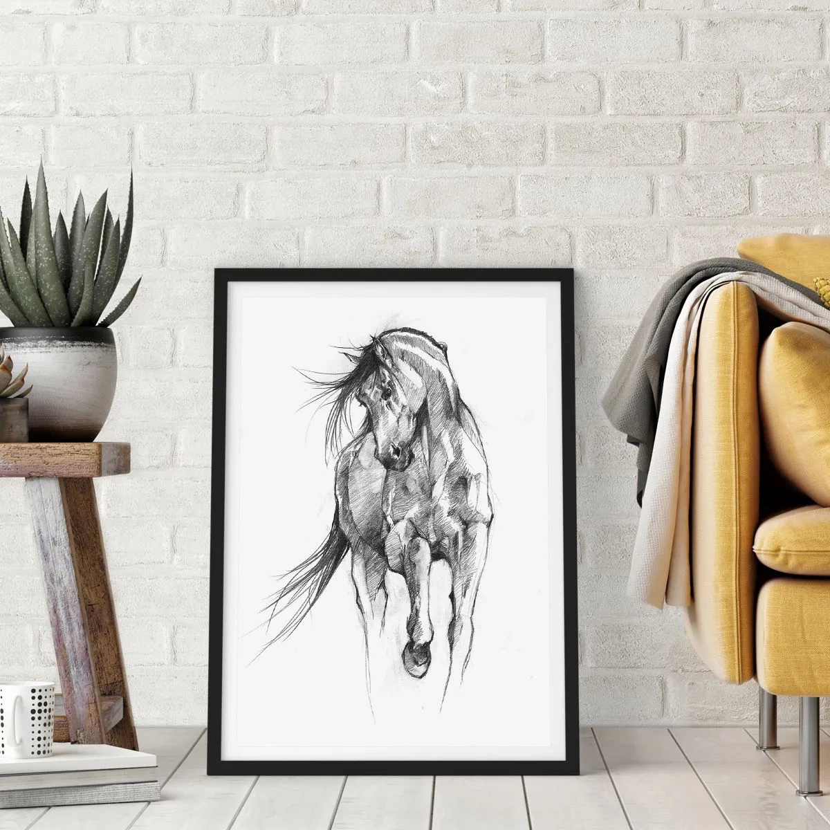 Poster in einem schwarzem Rahmen - Skizze eines Pferdes in dynamischer Pose - 50x70cm - Im anmutigen Trab - Moderne Wanddekoration für Wohnzimmer und Schlafzimmer ARTTOR