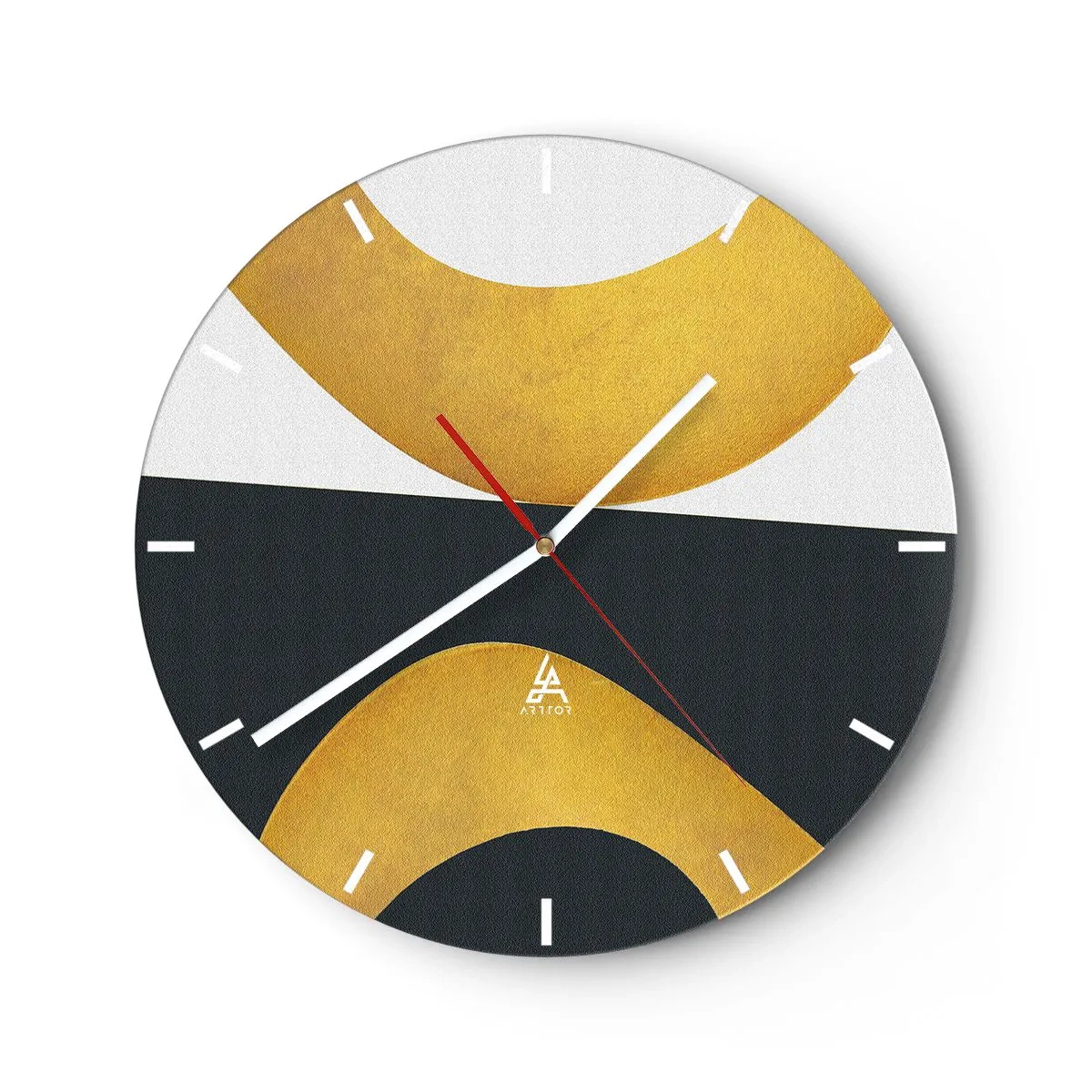 Wanduhr - Glasuhr - Abstrakte goldene Formen auf einem schwarz-weißen Hintergrund - 30x30cm - Erstens: Gold - Moderne Wanddekoration für Wohnzimmer, Küche und Schlafzimmer ARTTOR