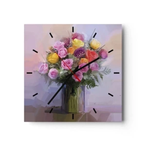 Wanduhr - Glasuhr - Ein Strauß bunter Rosen in einer Glasvase - 30x30cm - Festgehaltene Schönheit - Moderne Wanddekoration für Wohnzimmer und Schlafzimmer ARTTOR