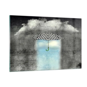 Glasbild - Bild auf glas - Ein schwarz-weiß karierter Regenschirm vor einem Hintergrund aus Regen und Wolken - 120x80cm - Aber möglich - Moderne Wanddekoration für Wohnzimmer und Schlafzimmer ARTTOR