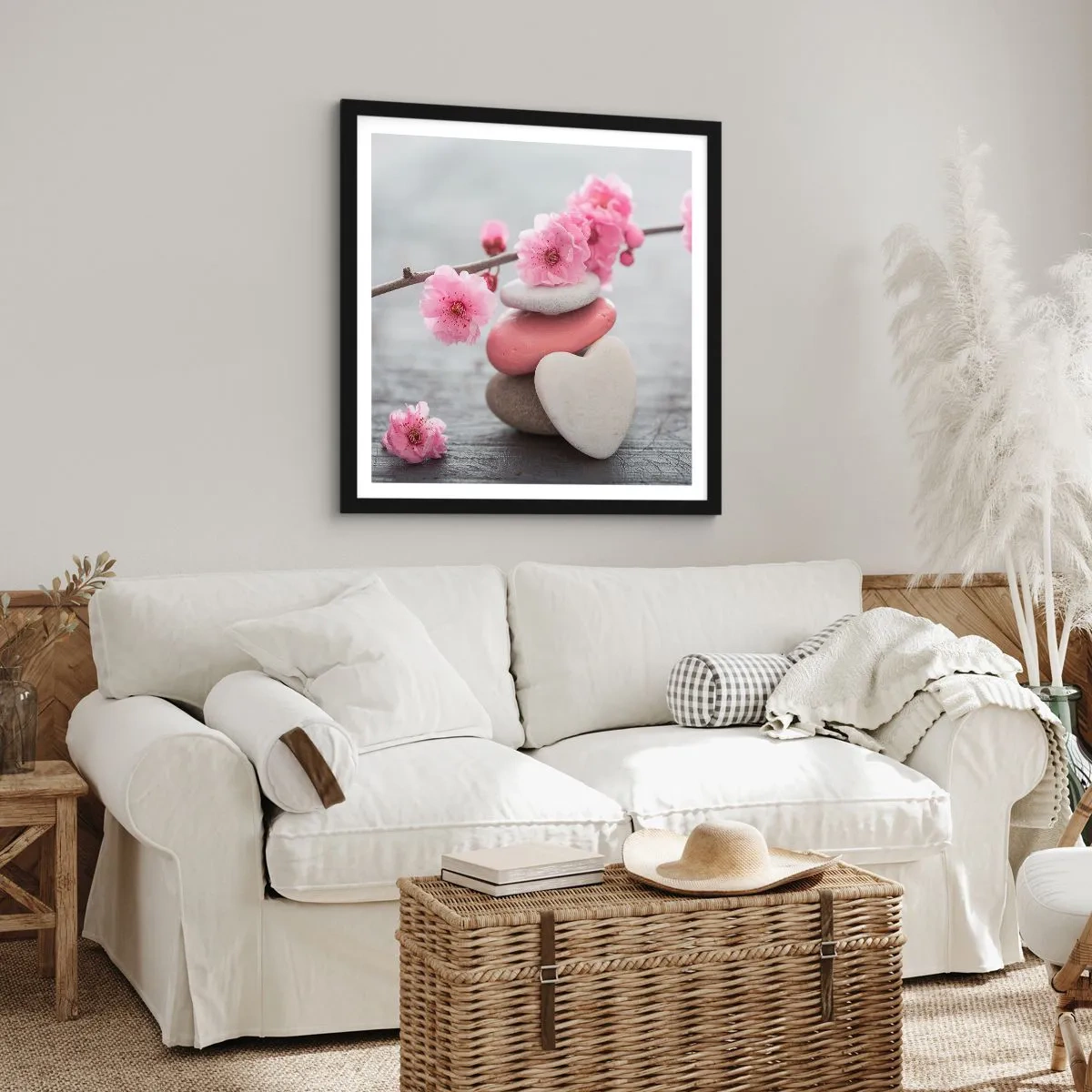 Poster in einem schwarzem Rahmen - Glückseligkeit mit einer Kirschblüte - 30x30 cm