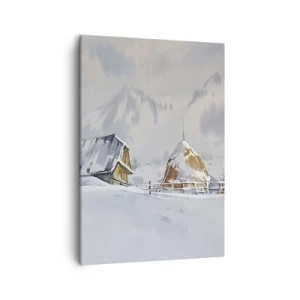 Bild auf Leinwand - Leinwandbild - Winterlandschaft mit Hütte und Heuhaufen in den Bergen - 50x70cm - In einem verschneiten Talkessel - Moderne Wanddekoration für Wohnzimmer und Schlafzimmer ARTTOR