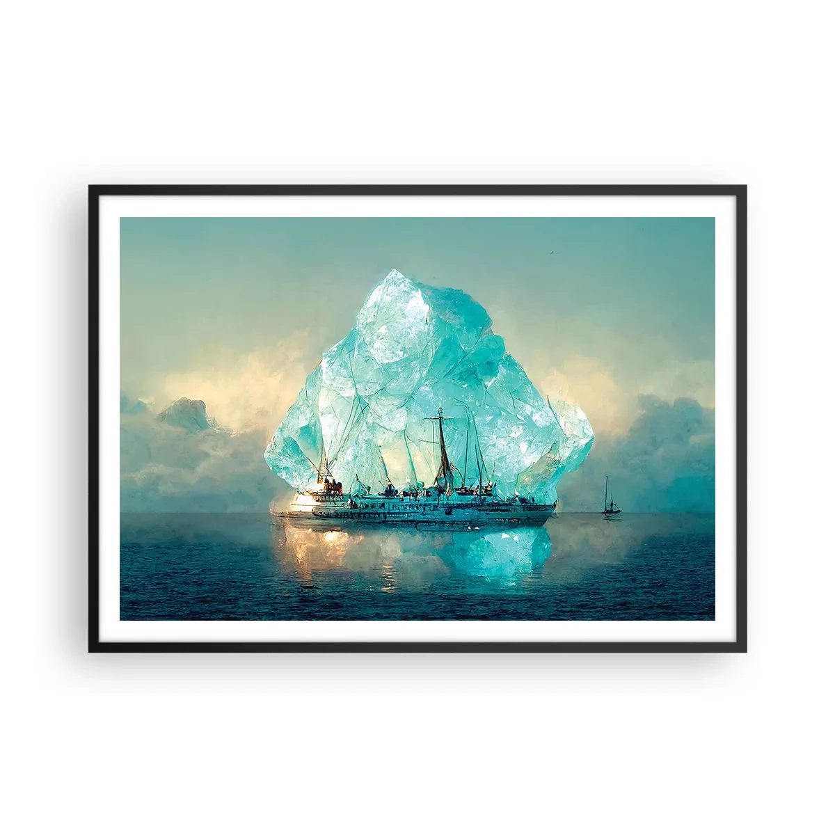 Poster in einem schwarzem Rahmen - Ein Schiff mit einem majestätischen Eisberg im Hintergrund - 100x70cm - Arktischer Diamant - Moderne Wanddekoration für Wohnzimmer und Schlafzimmer ARTTOR