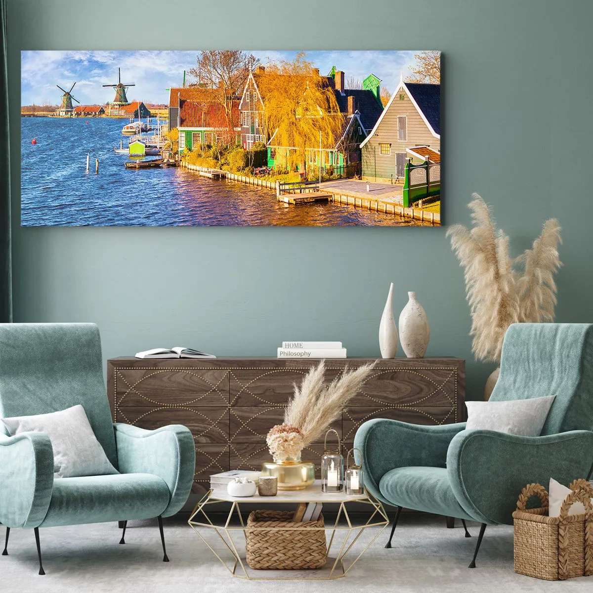 Bild auf Leinwand - Leinwandbild - Malerische Häuser und Windmühlen am Wasser - 160x50cm - Seit Jahrhunderten keine Veränderung - Moderne Wanddekoration für Wohnzimmer und Schlafzimmer ARTTOR