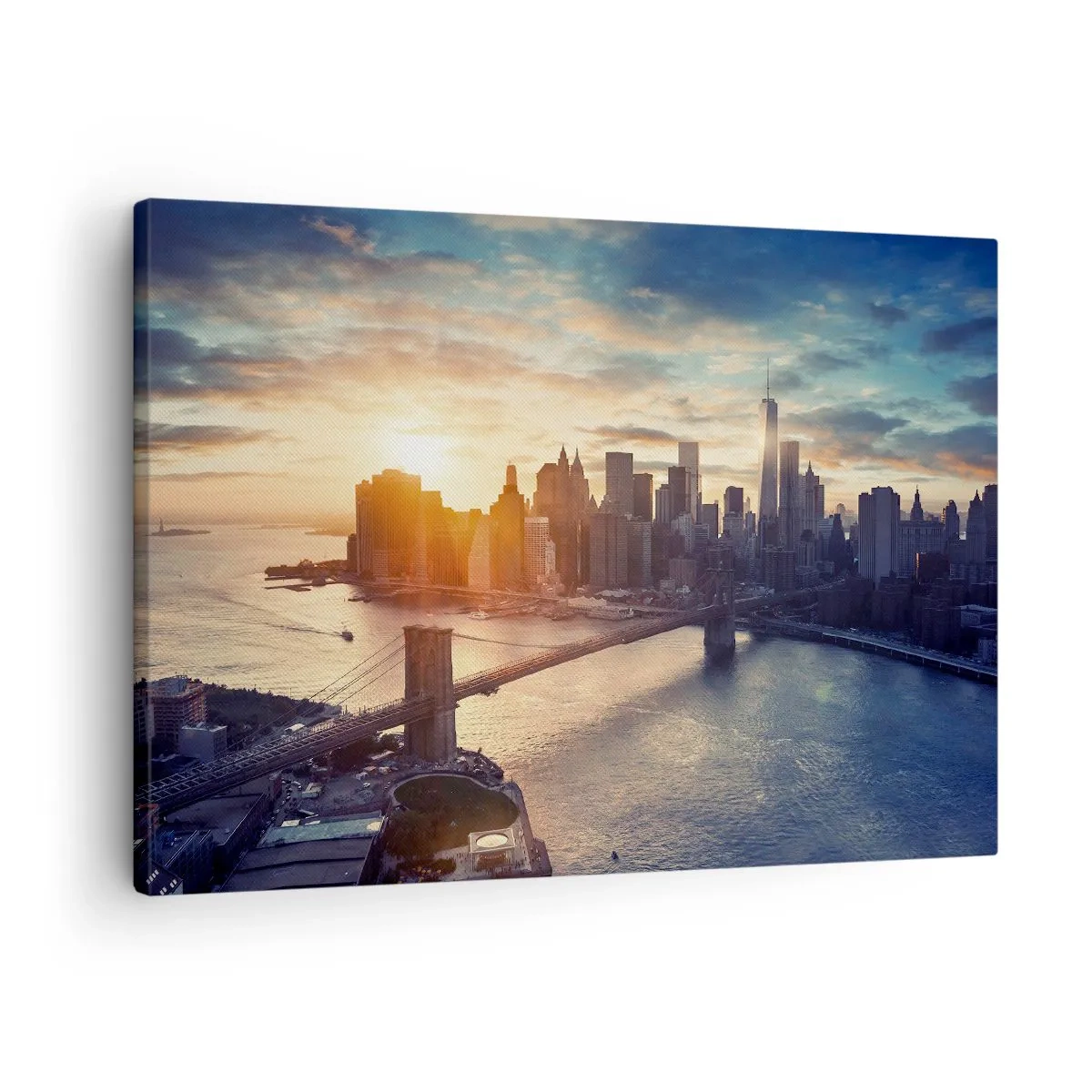 Bild auf Leinwand - Leinwandbild - Panorama der Stadt mit der Brücke und dem Fluss im Licht der untergehenden Sonne - 70x50cm - Westliches Kulturdenkmal - Moderne Wanddekoration für Wohnzimmer und Schlafzimmer ARTTOR