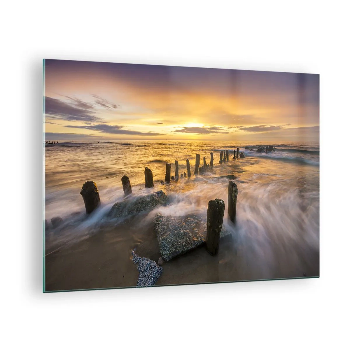Glasbild - Bild auf glas - Sonnenuntergang über dem Meer mit Holzpfählen am Strand - 70x50cm - Die raue Schönheit der Ostsee - Moderne Wanddekoration für Wohnzimmer und Schlafzimmer ARTTOR