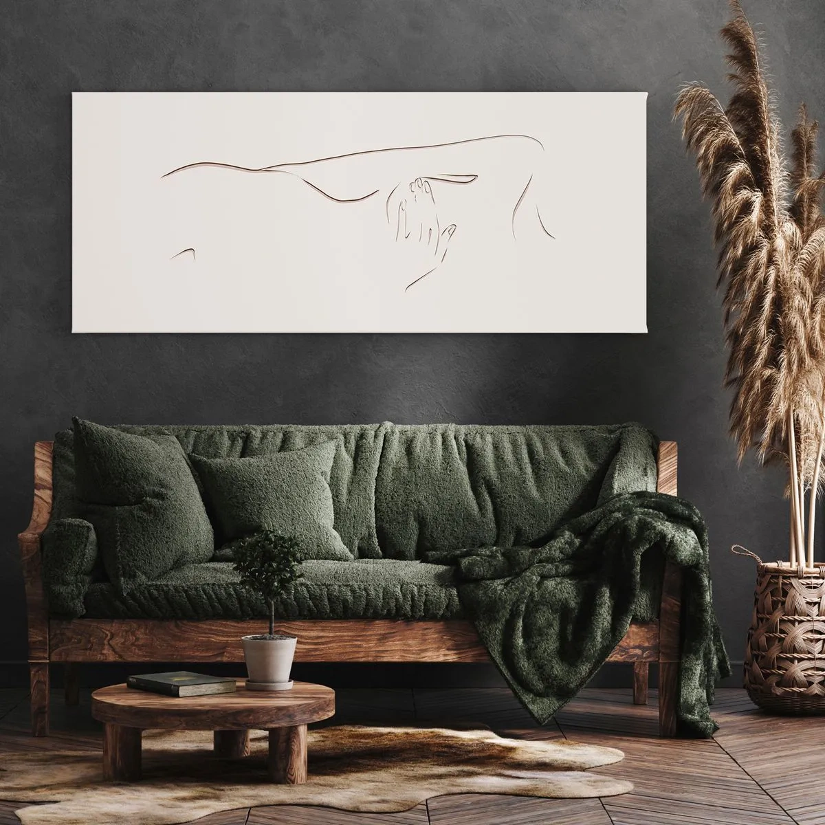 Bild auf Leinwand - Leinwandbild - Eine subtile Strichzeichnung einer Silhouette vor einem hellen Hintergrund - 160x50cm - Die Form des Verlangens - Moderne Wanddekoration für Wohnzimmer und Schlafzimmer ARTTOR