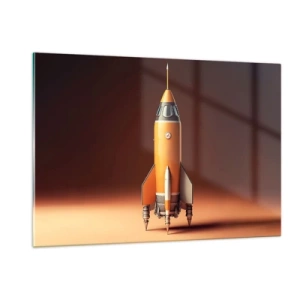 Glasbild - Bild auf glas - Eine orangefarbene Rakete vor einem sanften hellen Hintergrund - 120x80cm - Es beginnt mit einem Traum - Moderne Wanddekoration für Wohnzimmer und Schlafzimmer ARTTOR