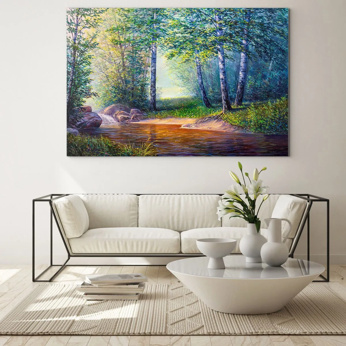 Glasbild - Bild auf glas - Ein Waldbach, umgeben von Bäumen in den Sonnenstrahlen - 120x80cm - Idyllische Landschaft - Moderne Wanddekoration für Wohnzimmer und Schlafzimmer ARTTOR