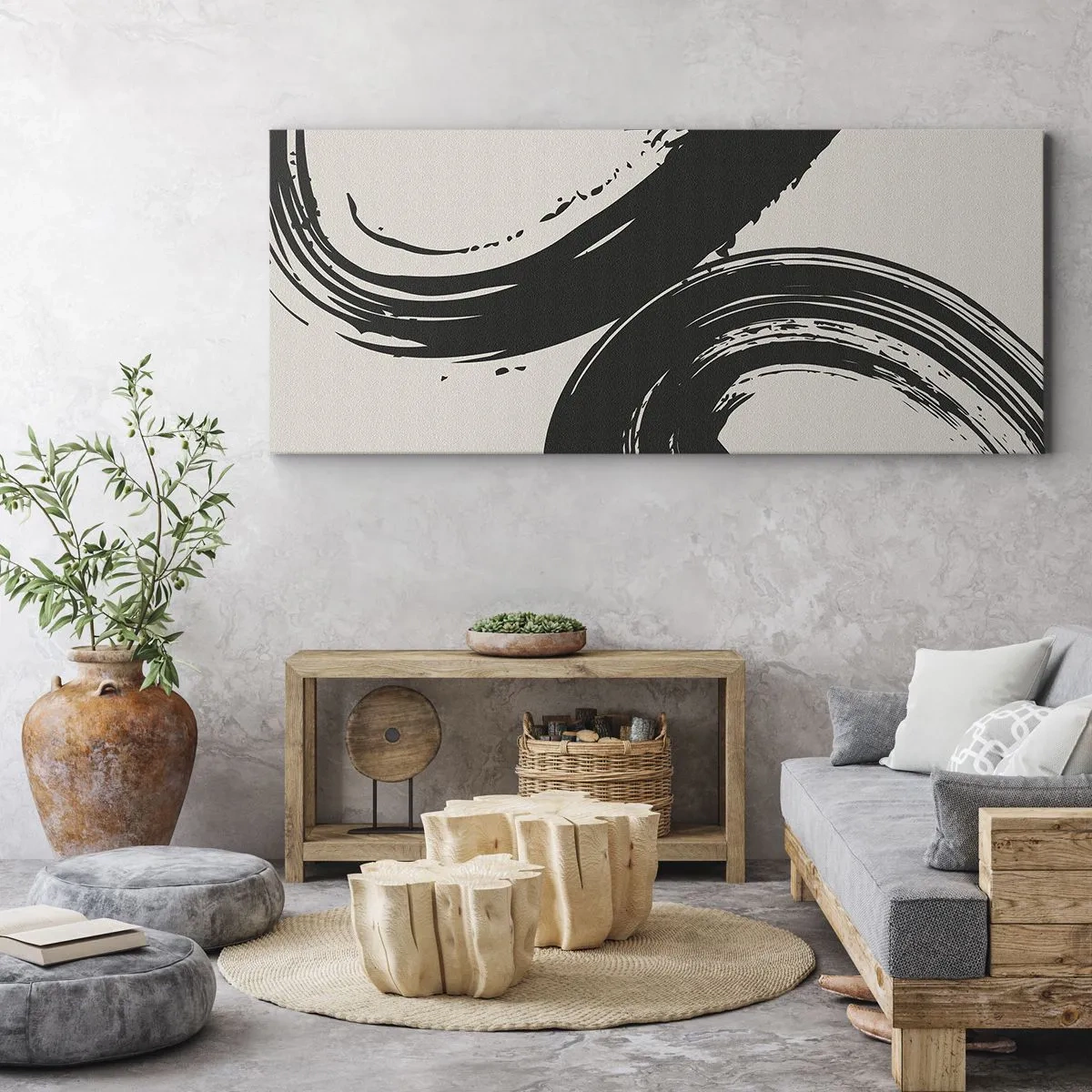 Bild auf Leinwand - Leinwandbild - Dynamische Pinselstriche in Schwarz auf hellem Hintergrund - 120x50cm - Ausladend und kreisförmig - Moderne Wanddekoration für Wohnzimmer und Schlafzimmer ARTTOR