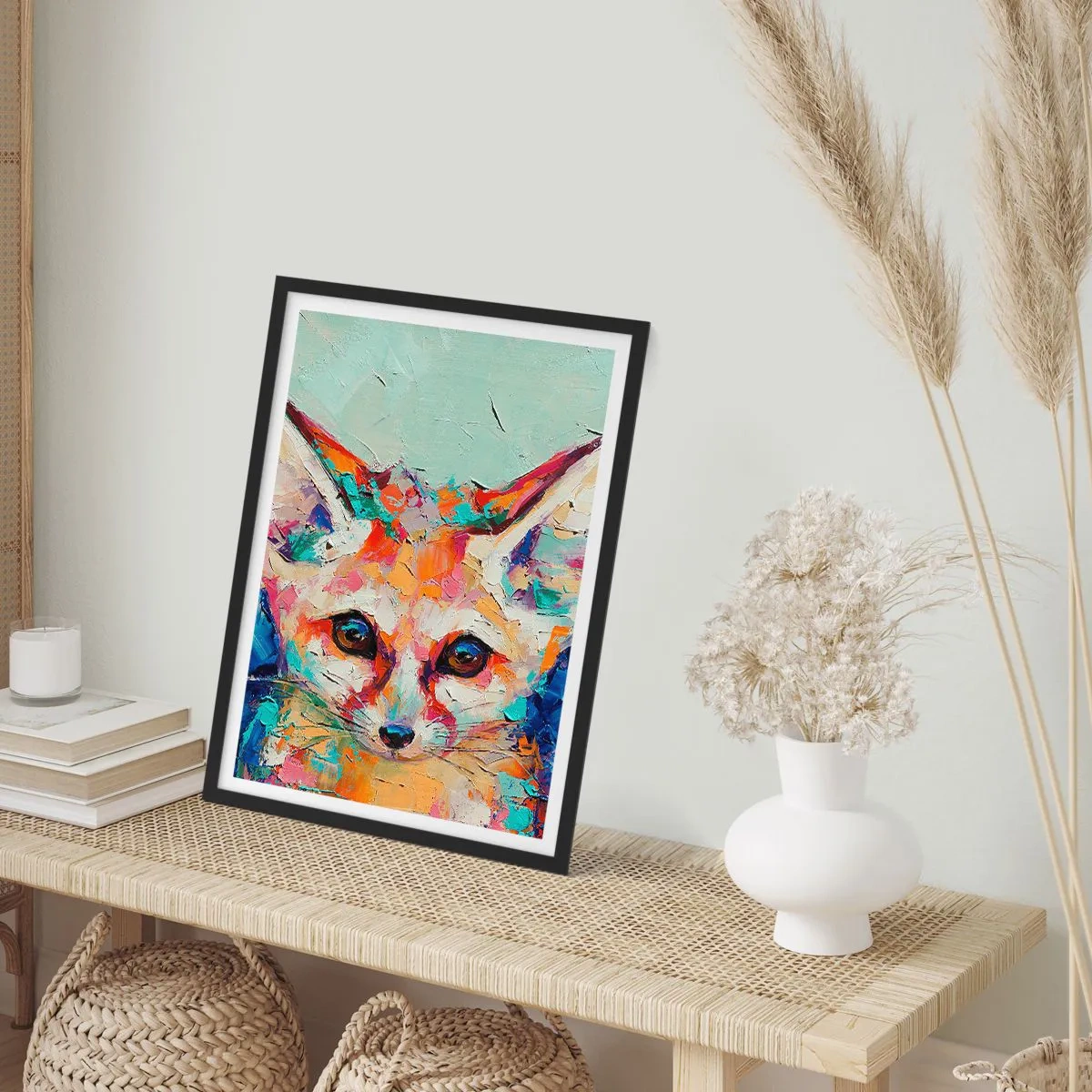 Poster in einem schwarzem Rahmen - Ein farbenfrohes abstraktes Porträt eines Fuchses mit ausdrucksstarkem Blick. - 50x70cm - Bist du bereit für mich? - Moderne Wanddekoration für Wohnzimmer und Schlafzimmer ARTTOR