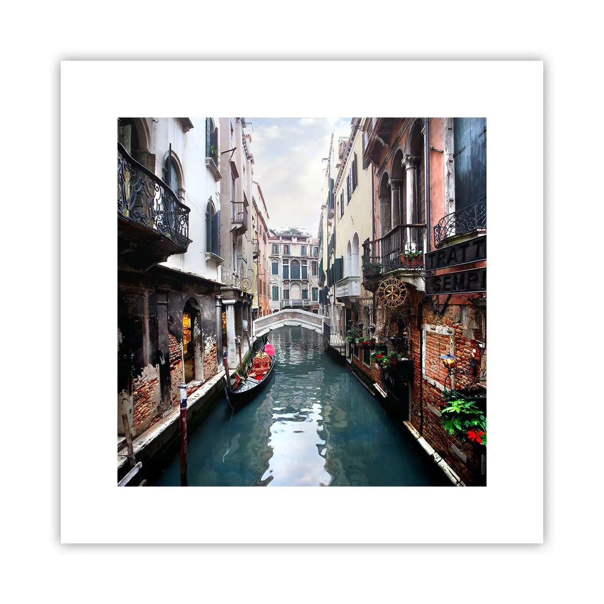 Poster - Venezianische Landschaft mit Gondel und Brücke - 30x30 cm