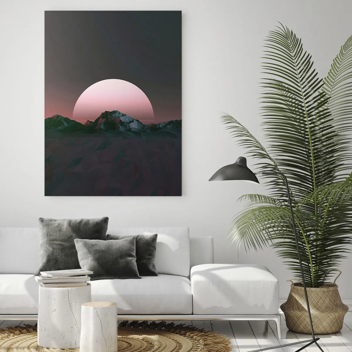 Glasbild - Bild auf glas - Abstrakte Landschaft mit geometrischen Bergen und einer rosa Sonne. - 50x70cm - In einer Nachbargalaxie - Moderne Wanddekoration für Wohnzimmer und Schlafzimmer ARTTOR