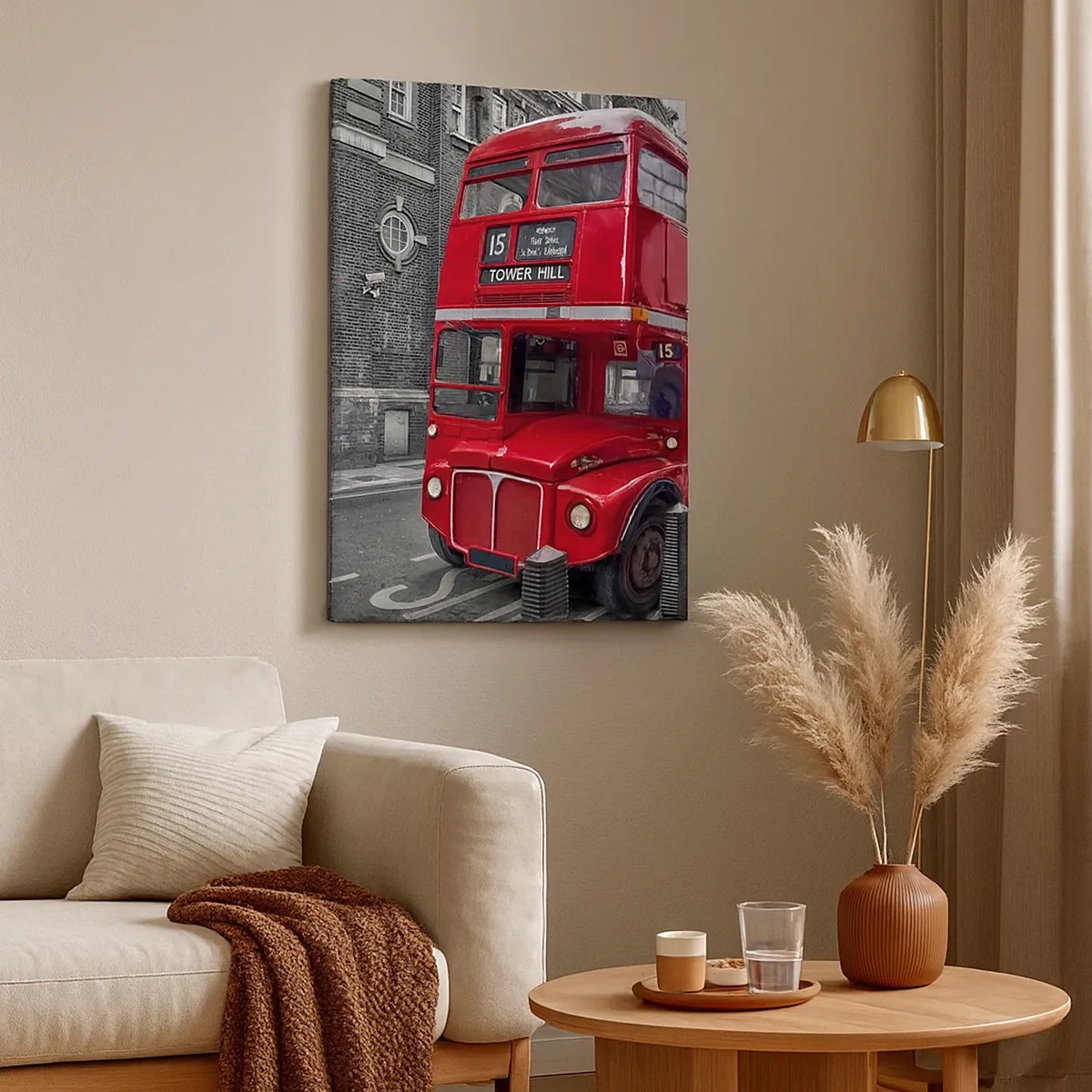 Bild auf Leinwand - Leinwandbild - Ein roter Doppeldeckerbus in London vor der Kulisse klassischer Architektur - 50x70cm - Immer gleich - Moderne Wanddekoration für Wohnzimmer und Schlafzimmer ARTTOR