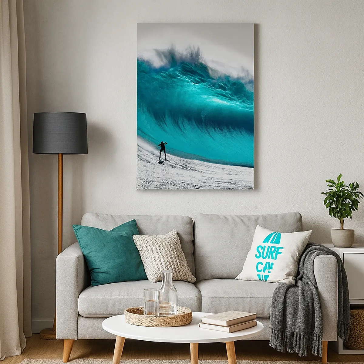 Bild auf Leinwand - Leinwandbild - Surfer vor einer riesigen Welle - 50x70cm - Herausforderung angenommen - Moderne Wanddekoration für Wohnzimmer und Schlafzimmer ARTTOR