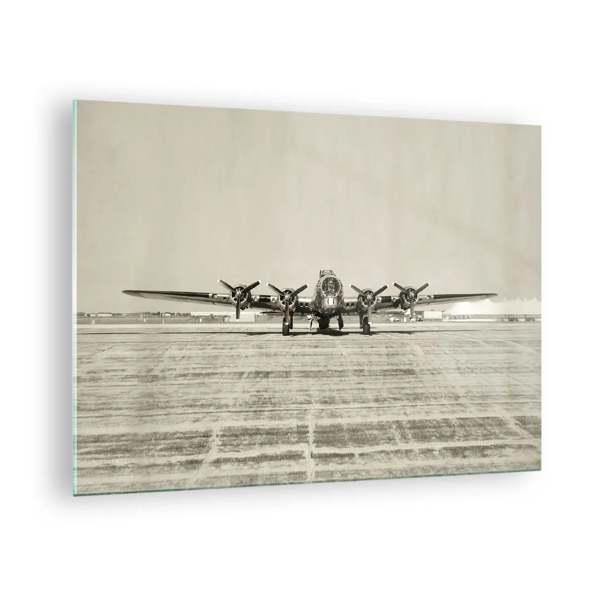 Glasbild - Bild auf glas - Historisches Flugzeug auf dem Flughafen im Sepia-Stil - 70x50cm - Wie immer bereit - Moderne Wanddekoration für Wohnzimmer und Schlafzimmer ARTTOR