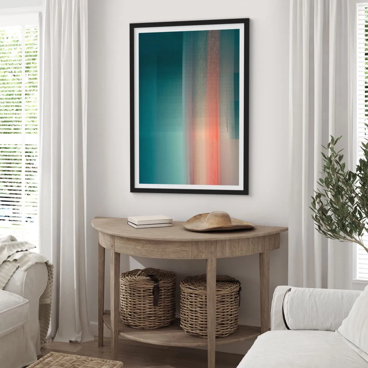 Poster in einem schwarzem Rahmen - Ein abstraktes Lichtspiel in Türkis- und Rottönen. - 50x70cm - Abstraktion: Lichtwellen - Moderne Wanddekoration für Wohnzimmer und Schlafzimmer ARTTOR