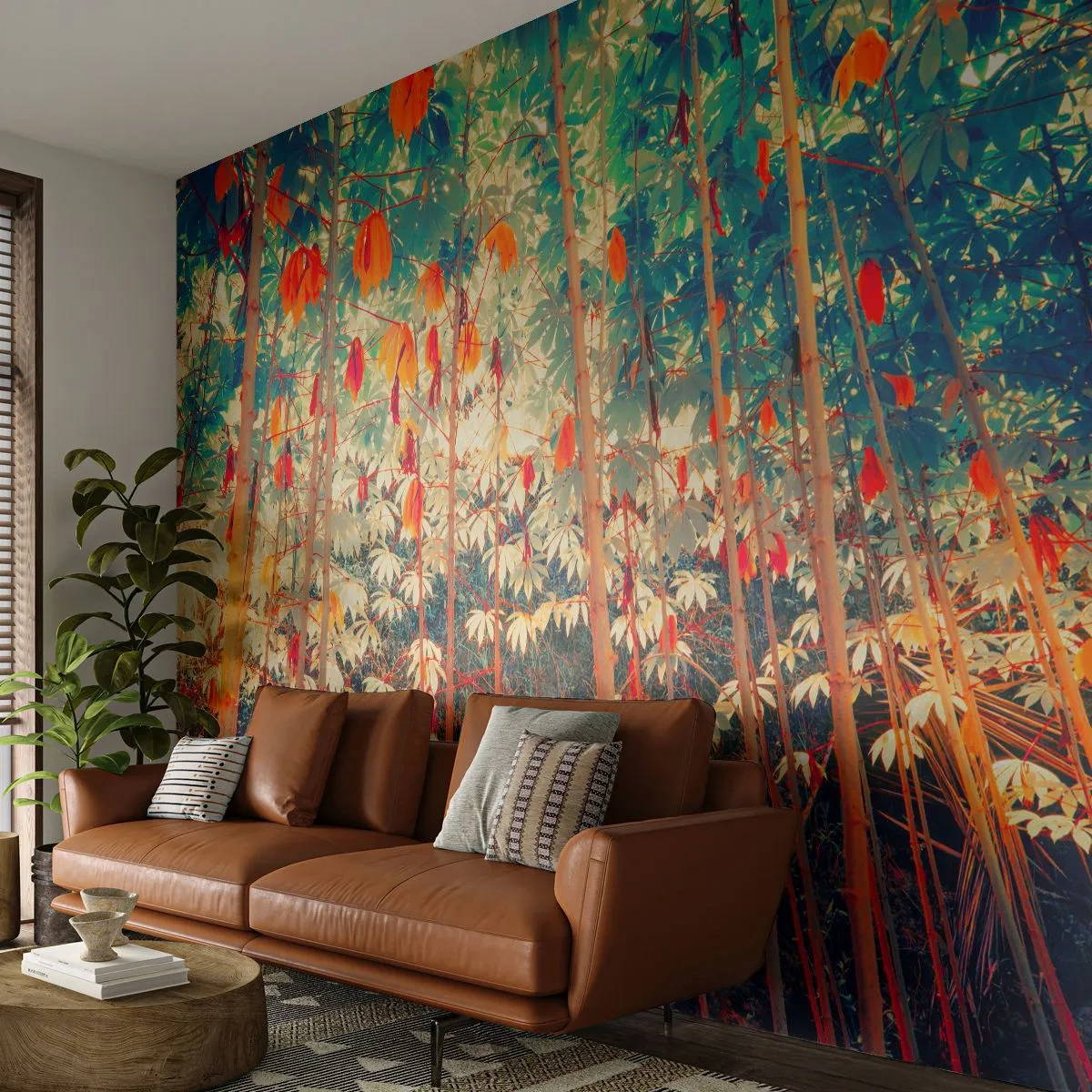 Fototapete Premium Canvas - Ein bunter Bambuswald mit intensiven Farben - 100x70cm - Das geheime Leben der Blätter - Moderne Wanddekoration für Wohnzimmer und Schlafzimmer ARTTOR