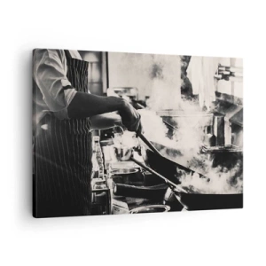 Bild auf Leinwand - Leinwandbild - Ein Koch bei der Arbeit in der Küche, aus einer Bratpfanne steigt Dampf auf - 70x50cm - Alchemie der Aromen - Moderne Wanddekoration für Wohnzimmer und Schlafzimmer ARTTOR