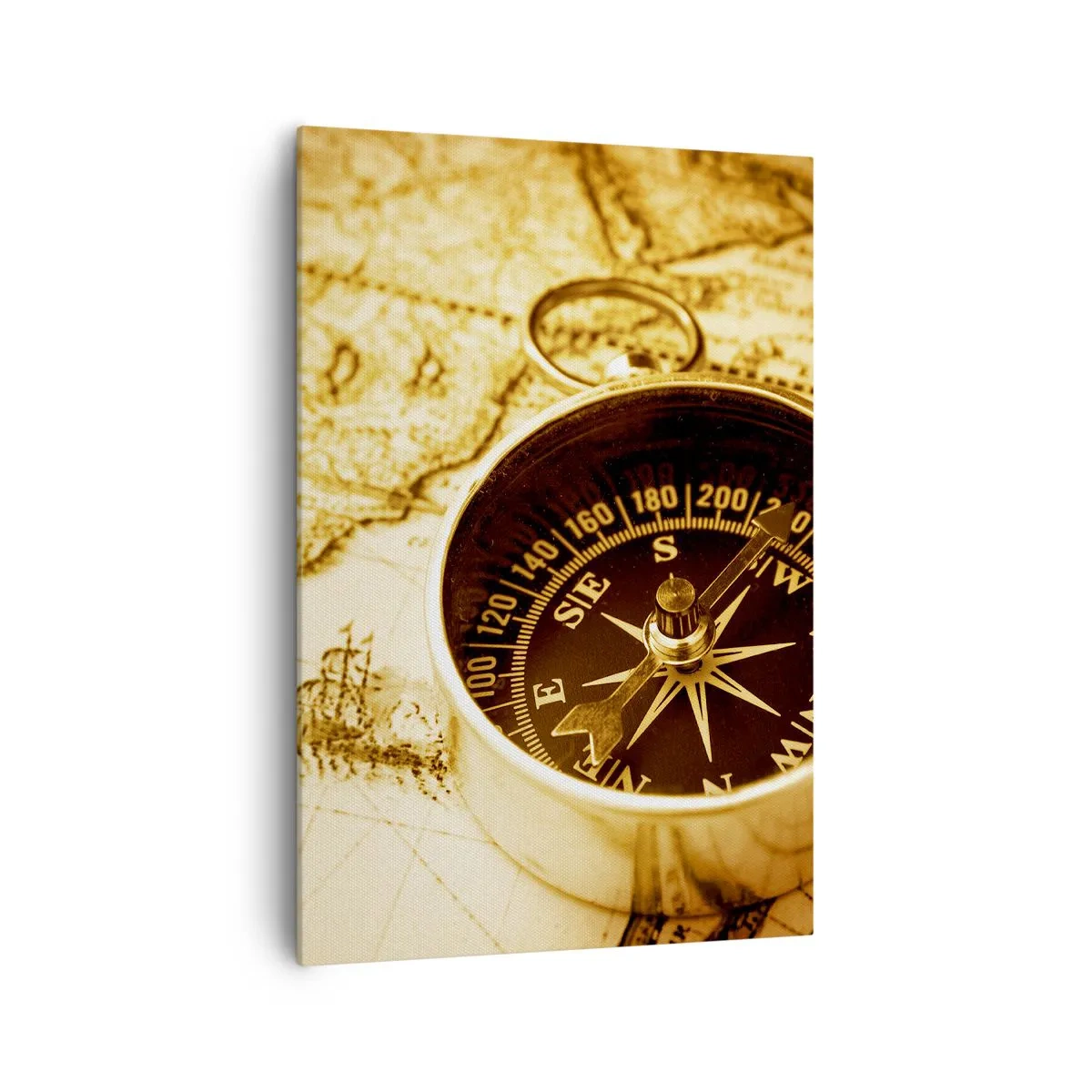 Bild auf Leinwand - Leinwandbild - Ein antiker Kompass vor dem Hintergrund einer alten Weltkarte - 70x100cm - Ost oder West? - Moderne Wanddekoration für Wohnzimmer und Schlafzimmer ARTTOR