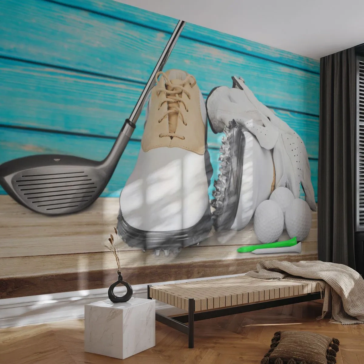 Fototapete Premium Sand - Ein Set Golfzubehör auf einem Holztisch - 100x70cm - Alles ist bereit - Moderne Wanddekoration für Wohnzimmer und Schlafzimmer ARTTOR