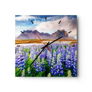 Wanduhr - Glasuhr - Blumen in einer Berglandschaft mit malerischem Himmel - 30x30cm - Kraft und Strenge neben Sanftmut - Moderne Wanddekoration für Wohnzimmer und Schlafzimmer ARTTOR