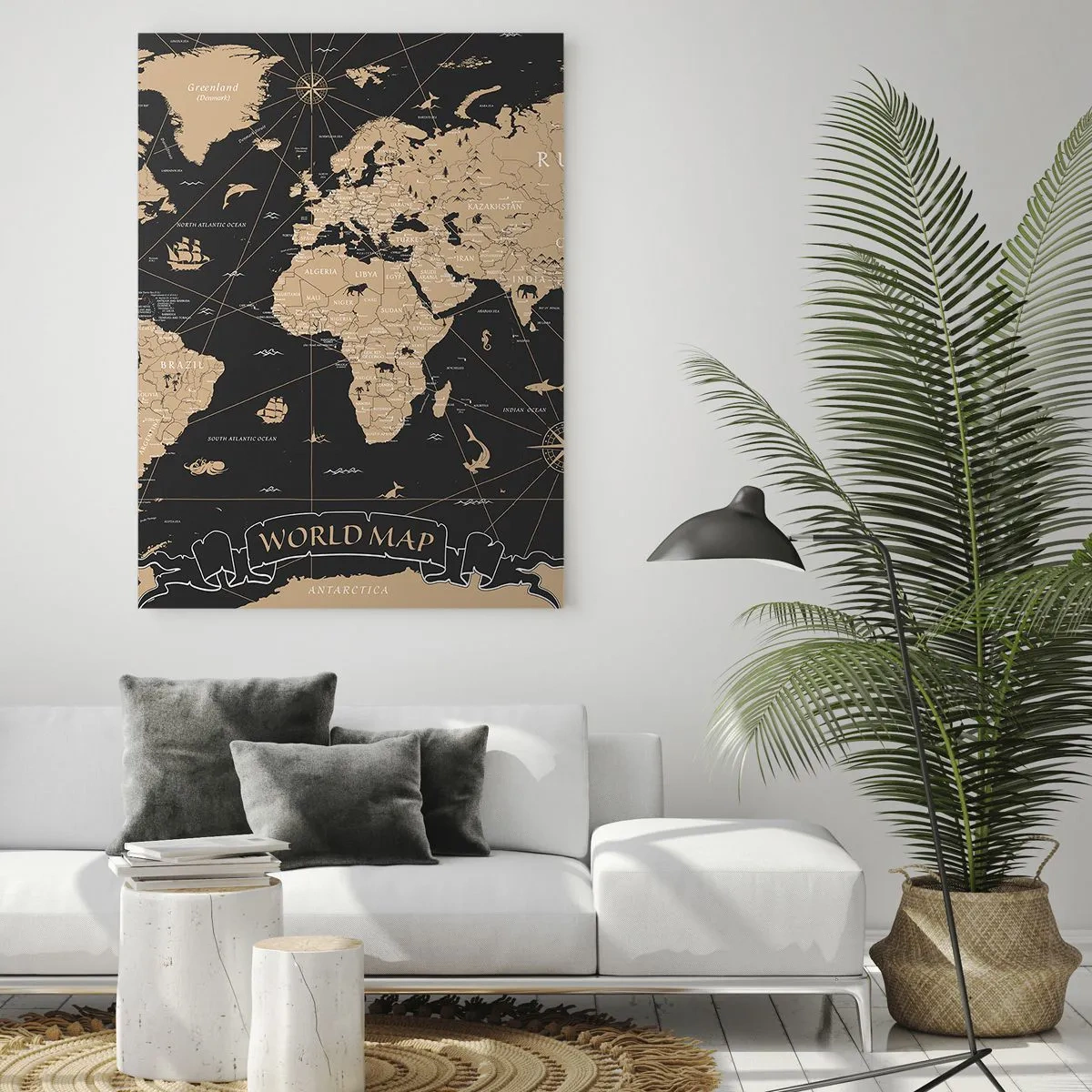 Glasbild - Bild auf glas - Stilisierte Weltkarte in Beige- und Schwarztönen - 50x70cm - Die Grenzen meiner Welt - Moderne Wanddekoration für Wohnzimmer und Schlafzimmer ARTTOR