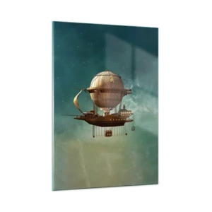 Glasbild - Bild auf glas - Ein fliegendes Luftschiff mit einem Haus im Retro-Stil am Himmel - 50x70cm - Jules Verne sagt Hallo - Moderne Wanddekoration für Wohnzimmer und Schlafzimmer ARTTOR
