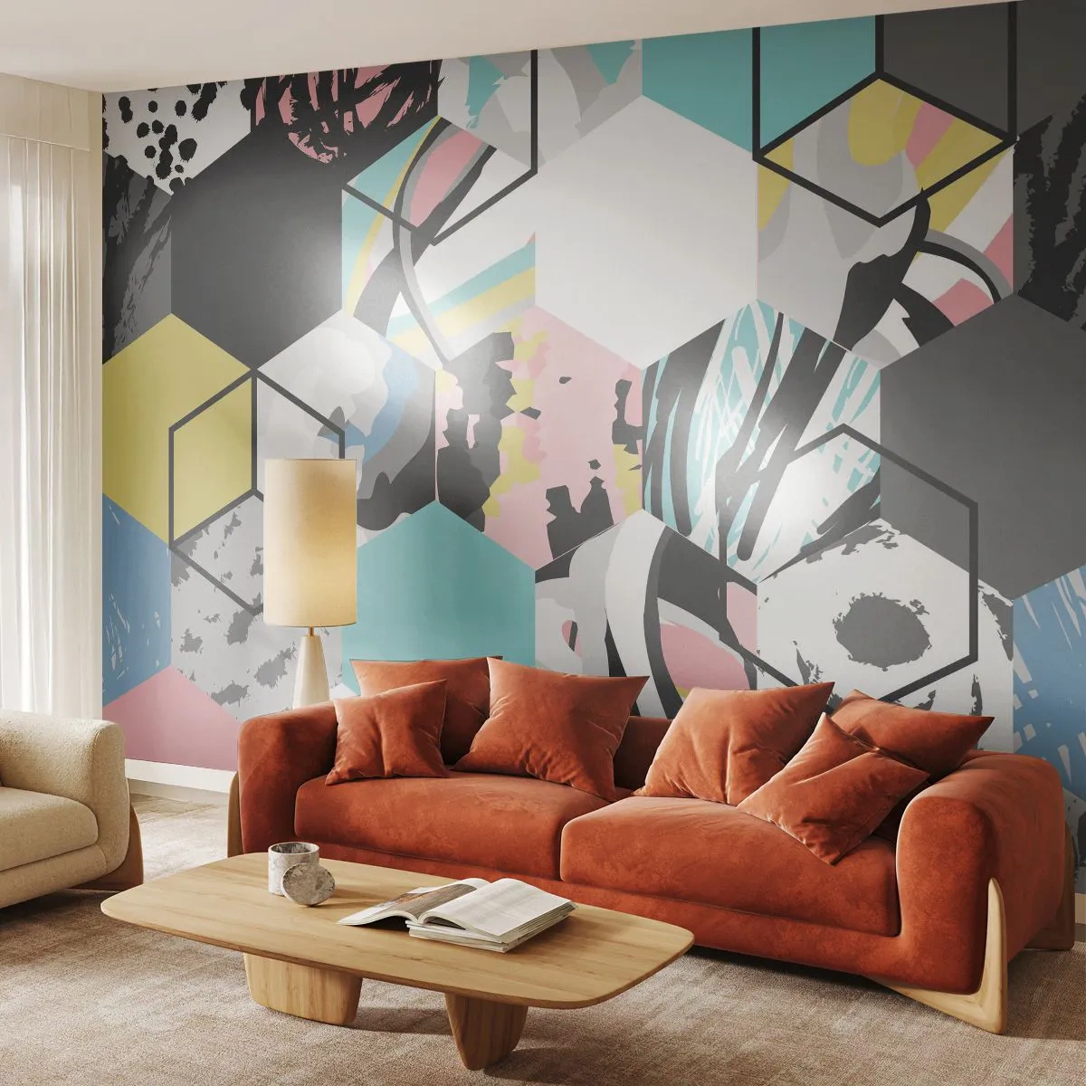 Fototapete Premium Sand - Sechsecke und Würfel in sechs Farben - Abstraktion, Stück, Modernes Muster - 350x256 cm