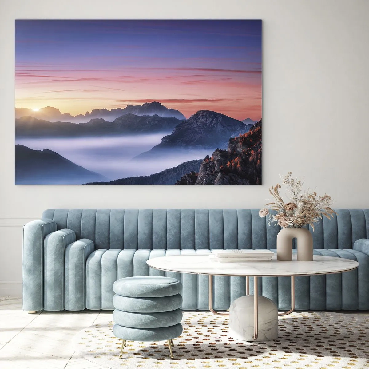 Glasbild - Bild auf glas - Ein malerischer Sonnenaufgang über der Berglandschaft - 70x50cm - Über die Täler - Moderne Wanddekoration für Wohnzimmer und Schlafzimmer ARTTOR