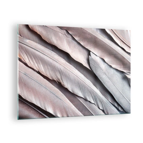 Glasbild - Bild auf glas - Nahaufnahme von pastellfarbenen Federn in Rosa- und Silbertönen - 70x50cm - In rosa Silber - Moderne Wanddekoration für Wohnzimmer und Schlafzimmer ARTTOR