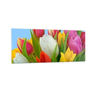 Glasbild - Bild auf glas - Ein blumiger Regenbogen in Tautropfen - 100x40 cm