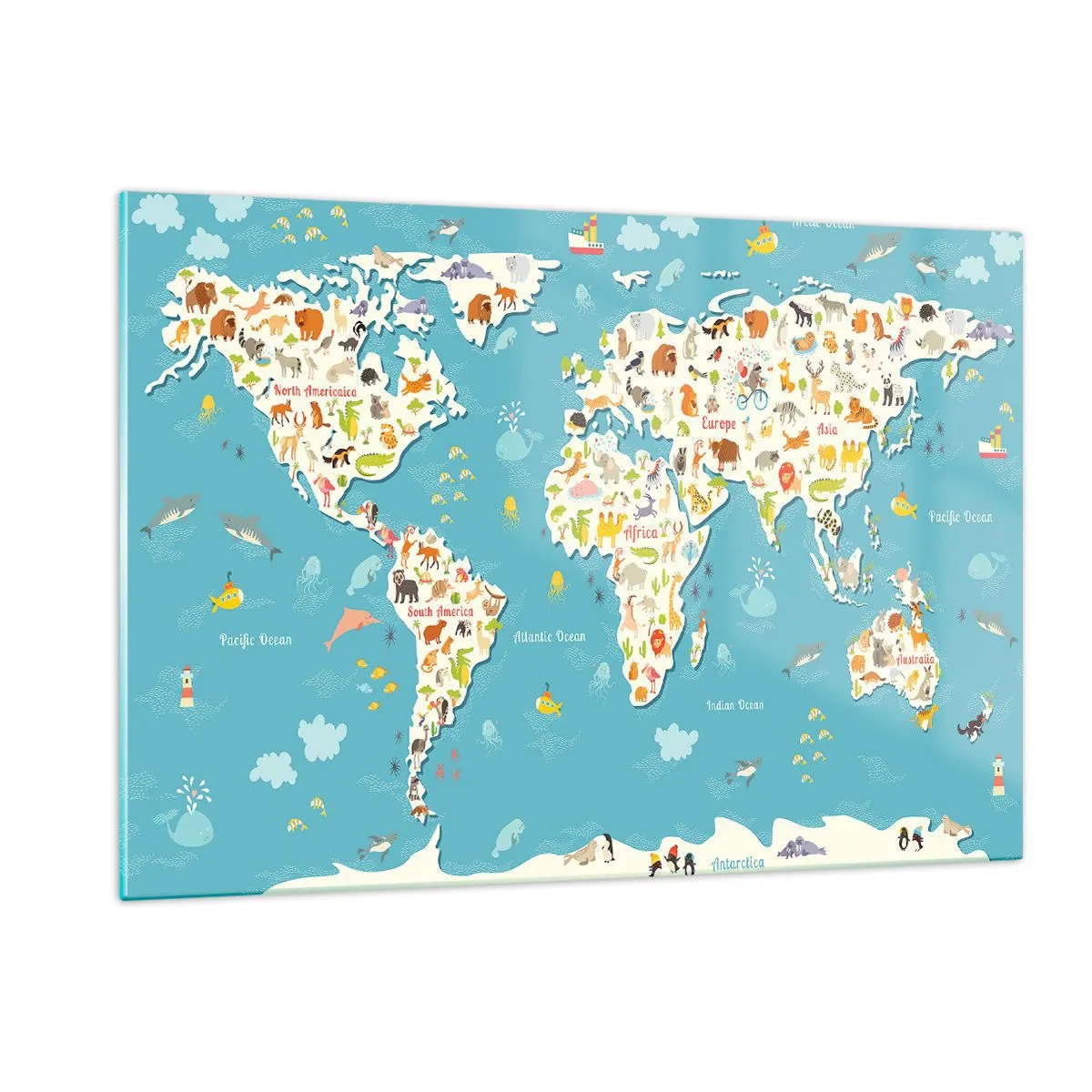 Glasbild - Bild auf glas - Bunte Weltkarte mit Tier- und Meeresmotiven - 120x80cm - Wir lieben die ganze Welt - Moderne Wanddekoration für Wohnzimmer und Schlafzimmer ARTTOR