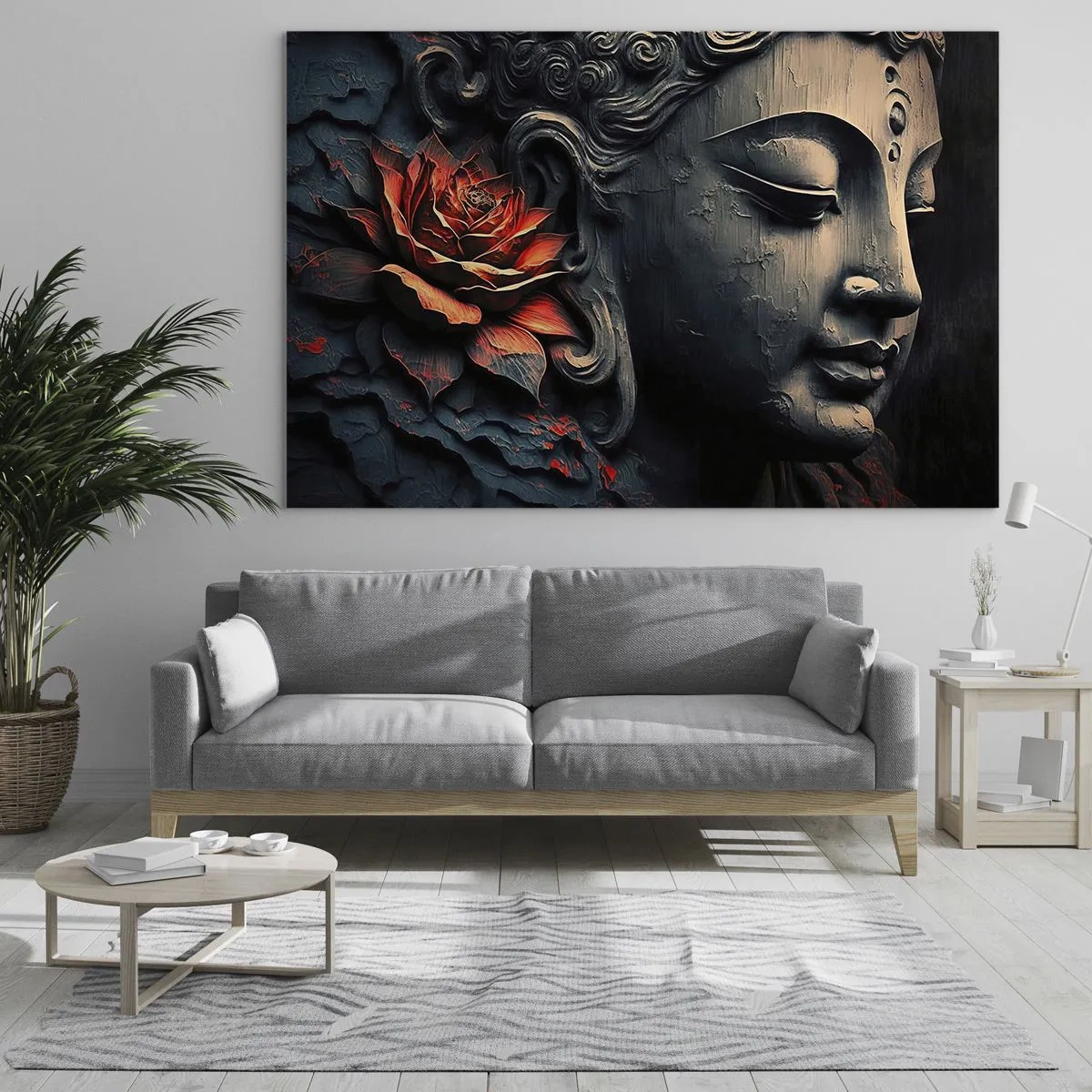 Glasbild - Bild auf glas - Profil einer meditierenden Figur mit einer roten Blume vor dunklem Hintergrund. - 70x50cm - Im Einklang mit der Welt - Moderne Wanddekoration für Wohnzimmer und Schlafzimmer ARTTOR