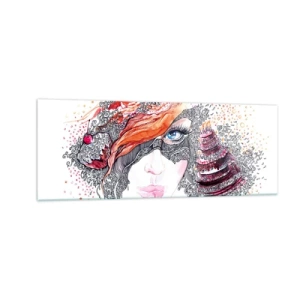 Glasbild - Bild auf glas - Künstlerisches Frauenporträt mit Details und rotem Akzent - 140x50cm - Bei ihr ist jeden Tag Feiertag - Moderne Wanddekoration für Wohnzimmer und Schlafzimmer ARTTOR