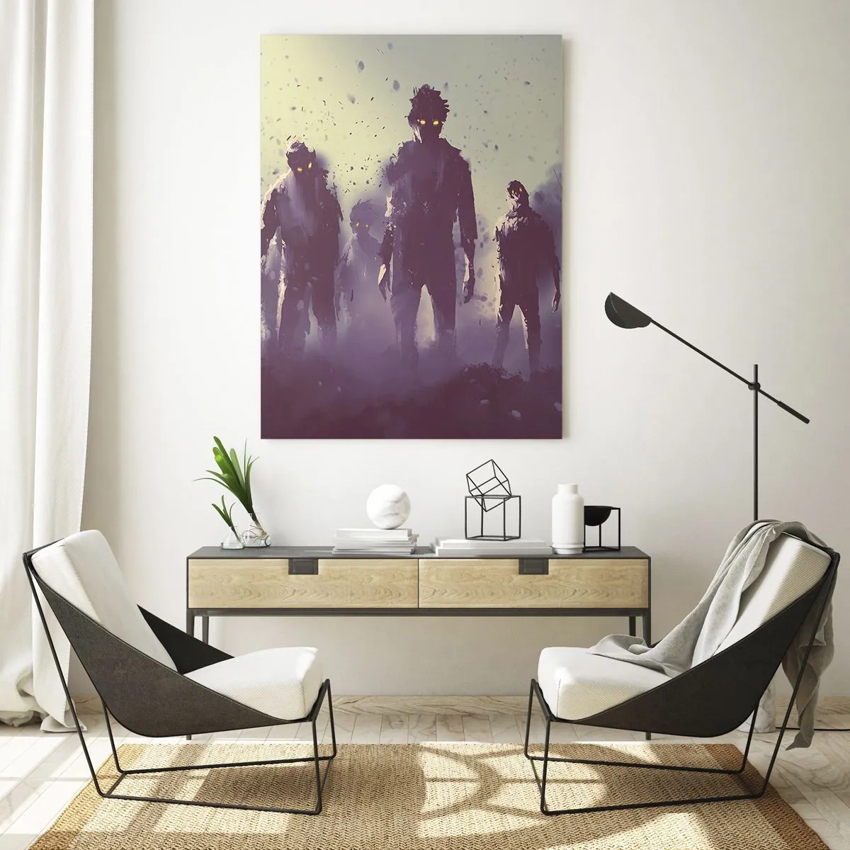 Glasbild - Bild auf glas - Eine dunkle Illustration einer Figurengruppe im Nebel - 50x70cm - Vorsichtig sein! Sie kommen - Moderne Wanddekoration für Wohnzimmer und Schlafzimmer ARTTOR