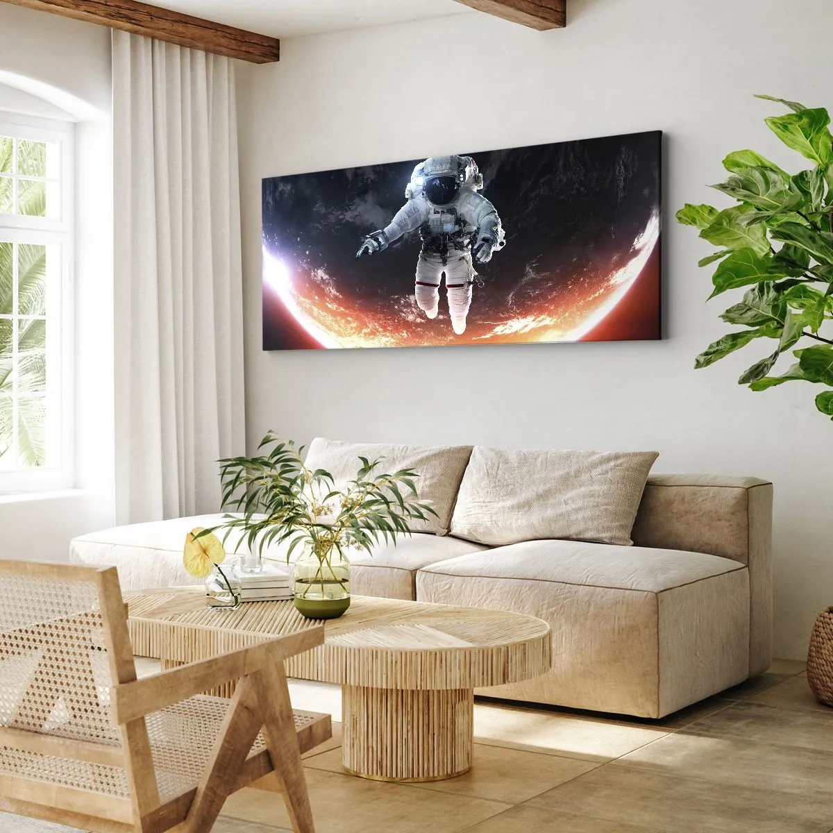 Bild auf Leinwand - Leinwandbild - Ein Astronaut schwebt über einer sonnenbeschienenen Erde - 120x50cm - Kann ich noch eine Weile bleiben? - Moderne Wanddekoration für Wohnzimmer und Schlafzimmer ARTTOR