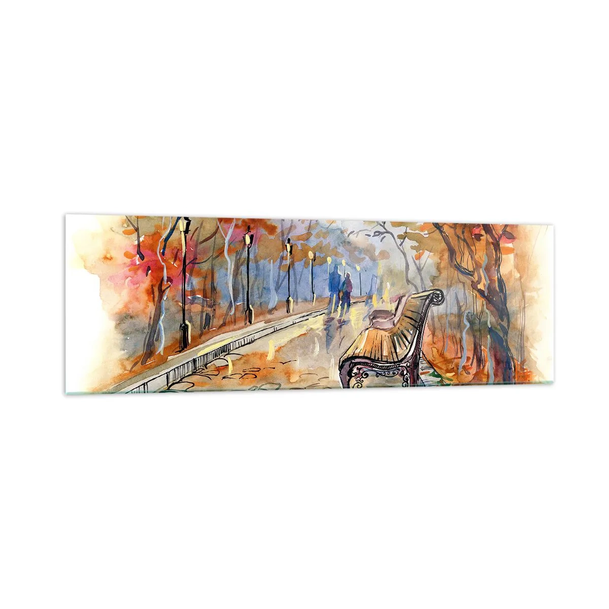Glasbild - Bild auf glas - Ein herbstlicher Park mit einer Bank in Aquarell - 160x50cm - Gemeinsam im Herbst wandern - Moderne Wanddekoration für Wohnzimmer und Schlafzimmer ARTTOR