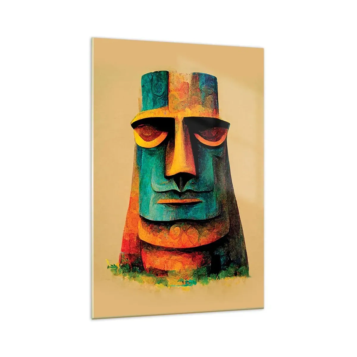 Glasbild - Bild auf glas - Bunte Statue von der Osterinsel - 70x100cm - Statuenhaft und sympathisch - Moderne Wanddekoration für Wohnzimmer und Schlafzimmer ARTTOR