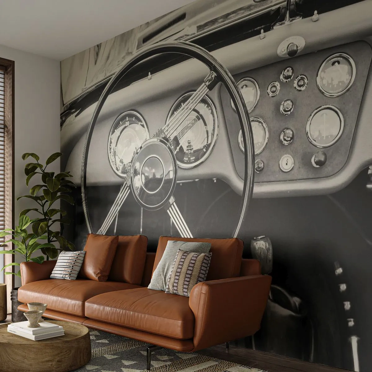 Fototapete Premium Canvas - Schwarz-weißes Oldtimer-Interieur - 100x70cm - Ein Sammlertraum - Moderne Wanddekoration für Wohnzimmer und Schlafzimmer ARTTOR