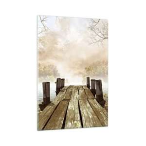 Glasbild - Bild auf glas - Ein Holzsteg, der im Morgennebel auf einen ruhigen See führt - 80x120cm - Die milde Traurigkeit des Herbstes - Moderne Wanddekoration für Wohnzimmer und Schlafzimmer ARTTOR
