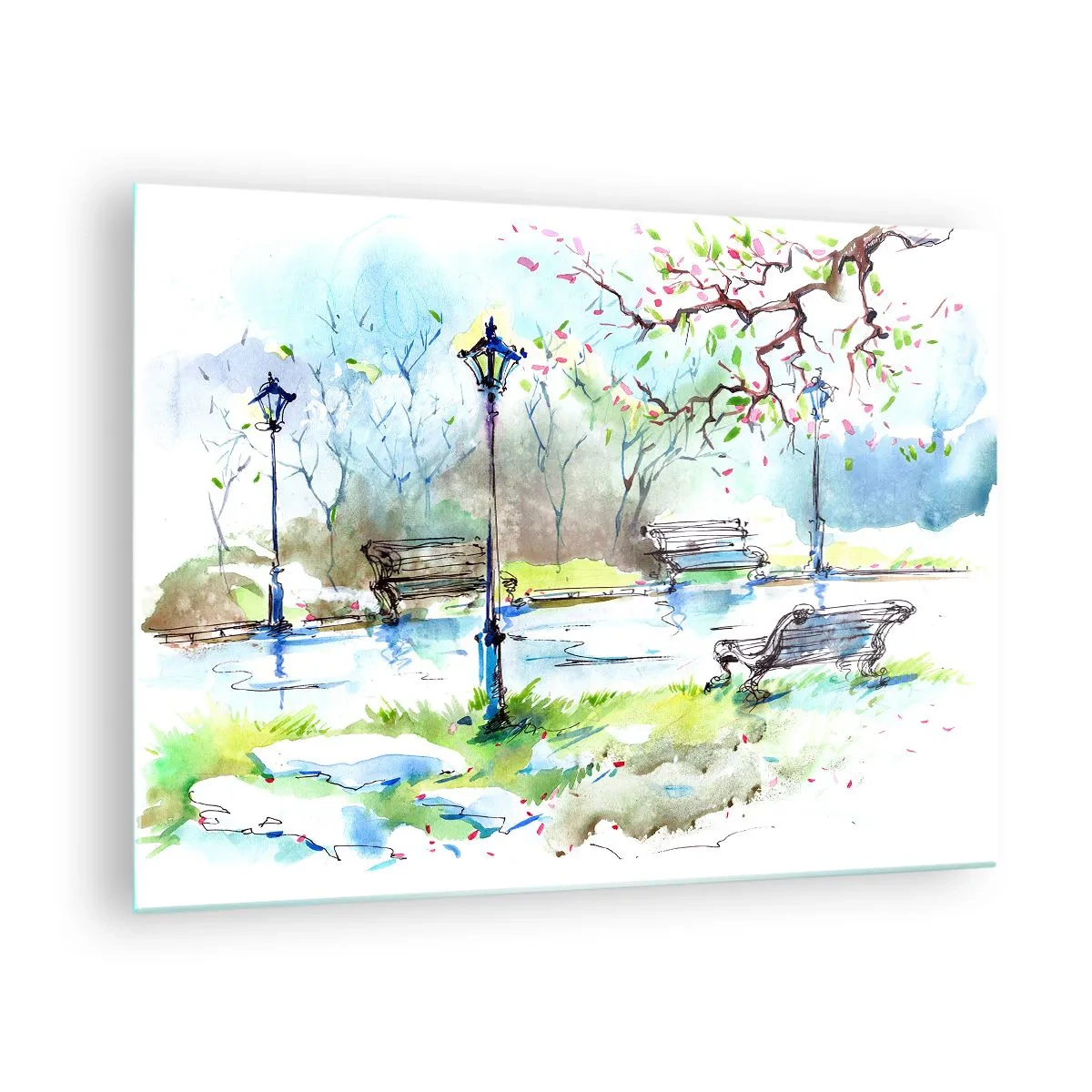 Glasbild - Bild auf glas - Aquarell einer Parkszene mit Bänken und Laternen - 70x50cm - Der Zauber der Stille des Parks - Moderne Wanddekoration für Wohnzimmer und Schlafzimmer ARTTOR