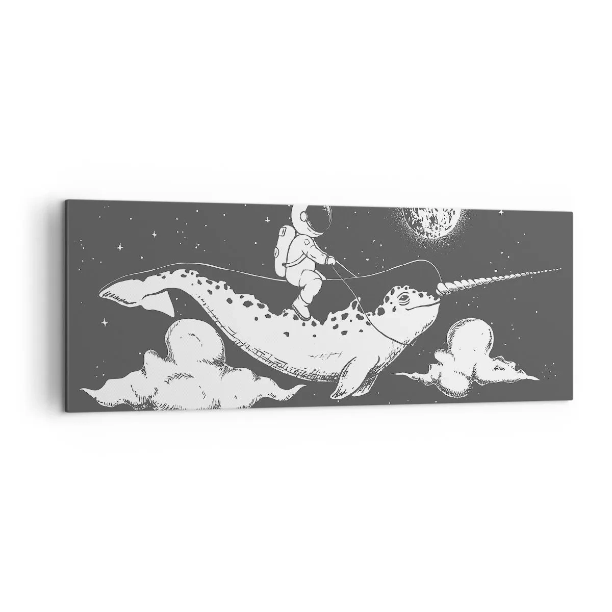 Bild auf Leinwand - Leinwandbild - Ein Astronaut auf dem Rücken eines Narwals, der in einer Weltraumszene schwimmt. - 140x50cm - Weltraumreiter - Moderne Wanddekoration für Wohnzimmer und Schlafzimmer ARTTOR