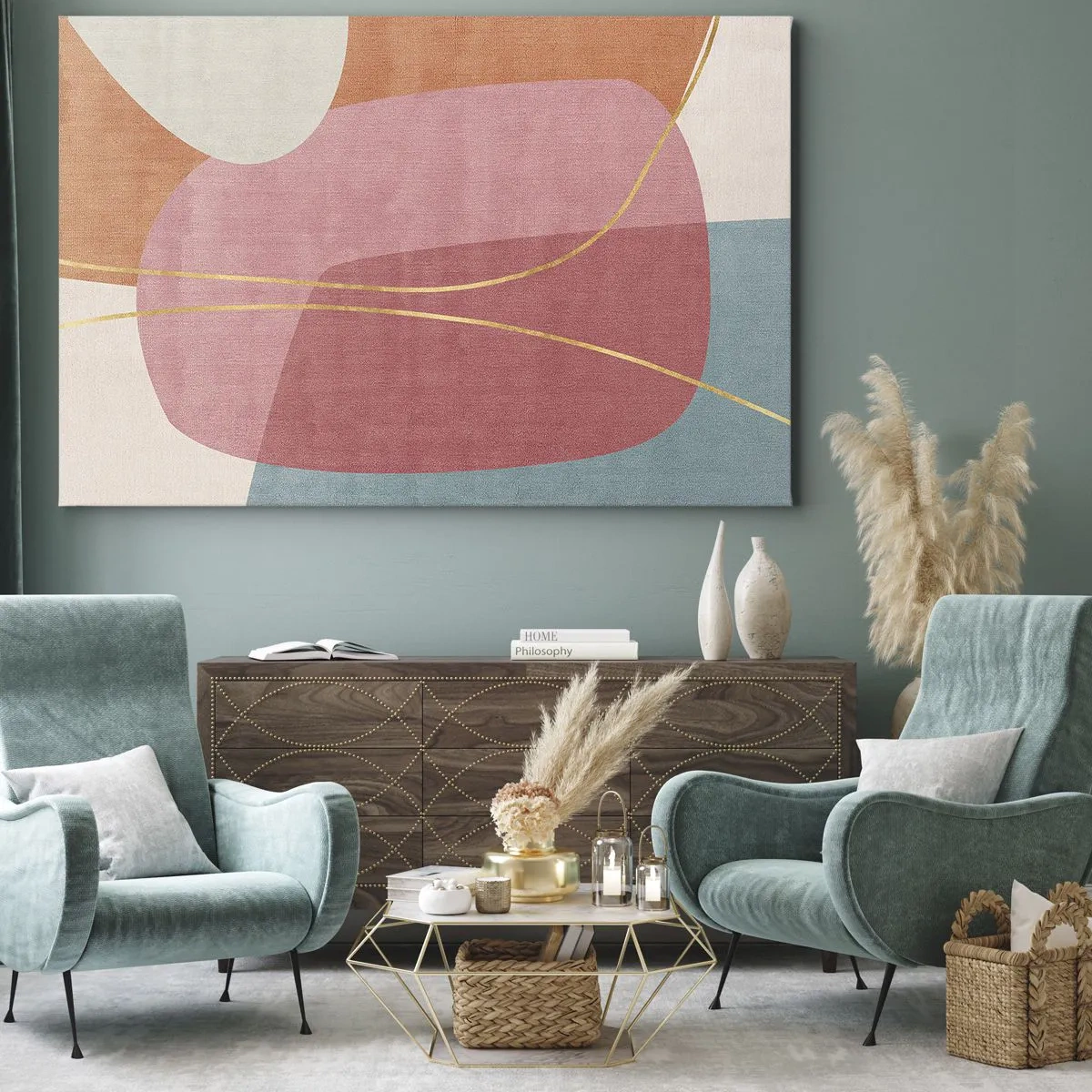 Bild auf Leinwand - Leinwandbild - Abstrakte Formen in Pastellfarben mit zarten Linien - 70x50cm - Pastellkomposition mit Goldfaden - Moderne Wanddekoration für Wohnzimmer und Schlafzimmer ARTTOR