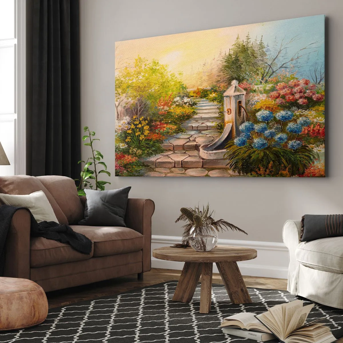 Bild auf Leinwand - Leinwandbild - Ein malerischer Garten mit einem Brunnen und bunten Blumen - 100x70cm - In voller Blüte - Moderne Wanddekoration für Wohnzimmer und Schlafzimmer ARTTOR