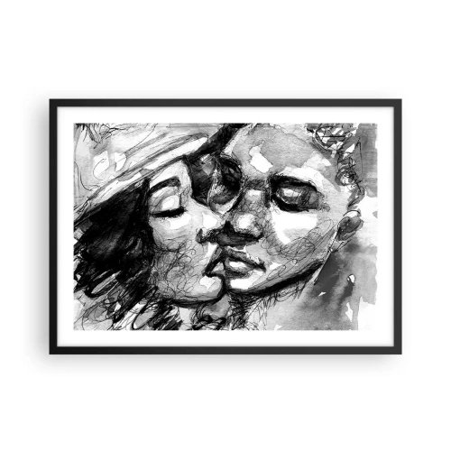 Poster in einem schwarzem Rahmen - Ein schwarz-weißes Aquarell, das einen intimen Moment zwischen zwei Menschen darstellt. - 70x50cm - Zärtlicher Moment - Moderne Wanddekoration für Wohnzimmer und Schlafzimmer ARTTOR