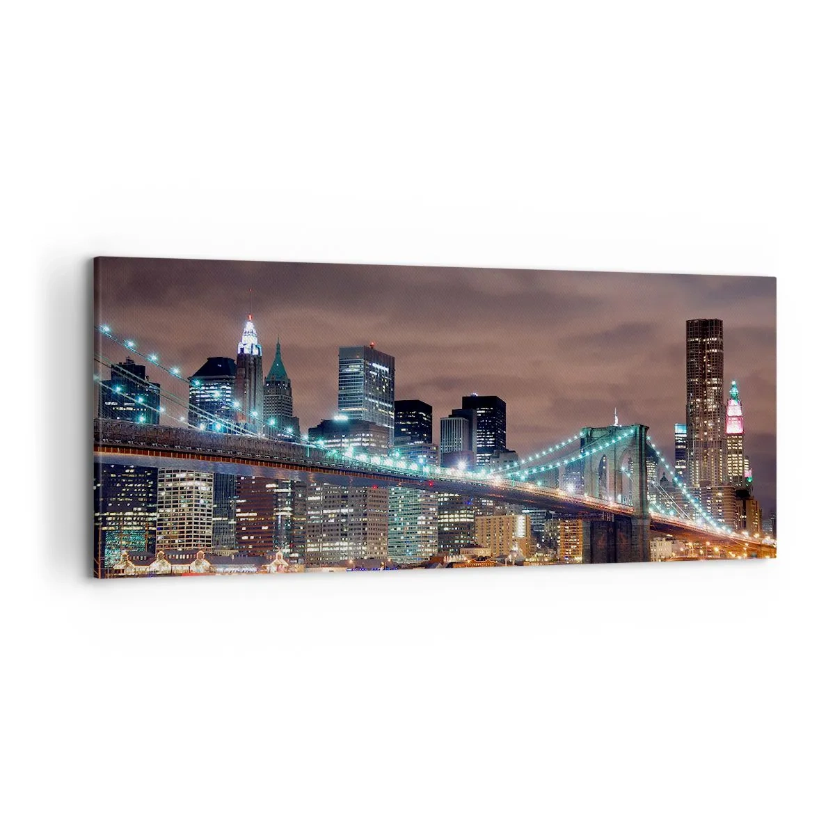 Bild auf Leinwand - Leinwandbild - Die nachts beleuchtete Brücke vor dem Hintergrund des modernen Stadtpanoramas - 120x50cm - Lichter der Großstadt - Moderne Wanddekoration für Wohnzimmer und Schlafzimmer ARTTOR
